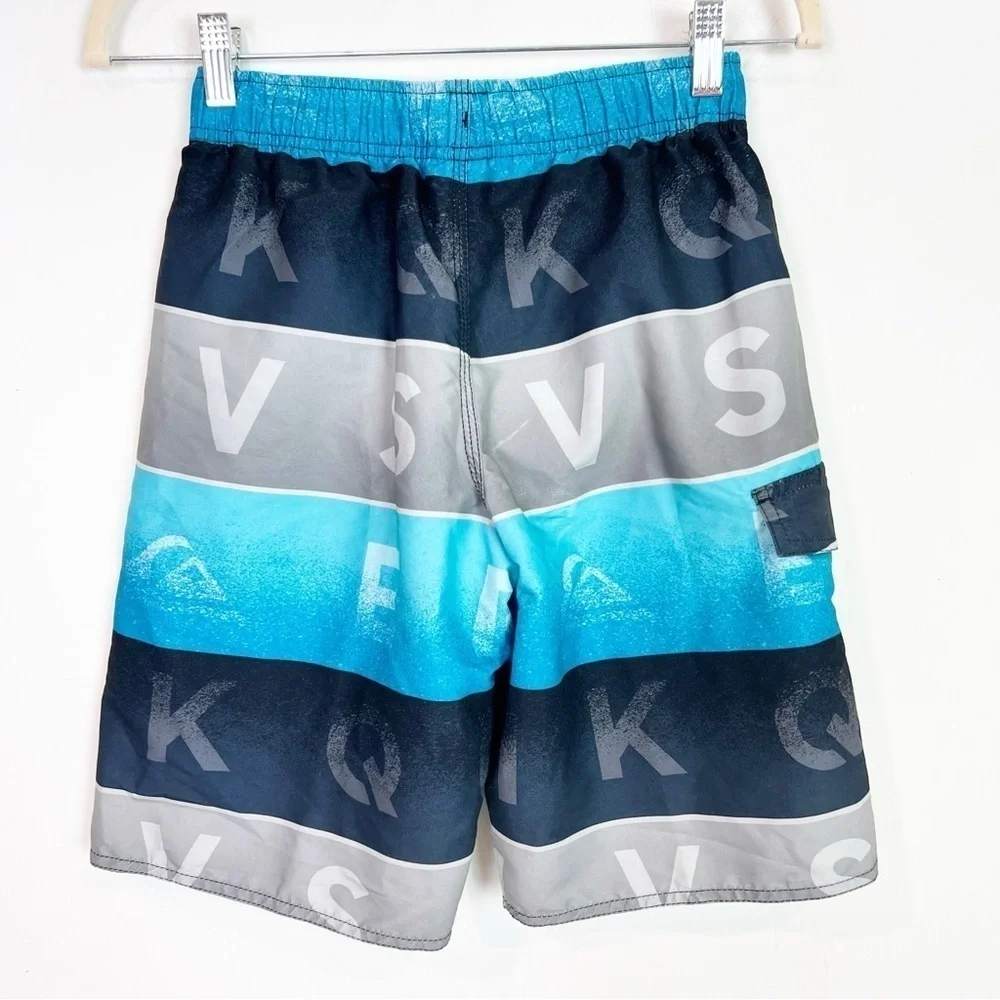 QUIKSILVER BLUE GRAY BLACK LOGO CARGO POCKET SWIM BEACH BOARD SHORTS YOUTH LARGE